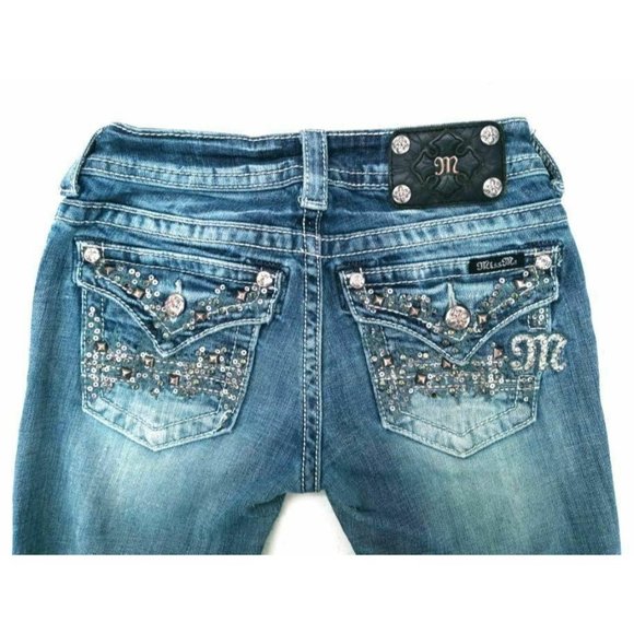 Miss Me Women's Jeans Sz 26 JE8007BR Boot Sequin Rhinestone Distressed Back Flap - Picture 1 of 12